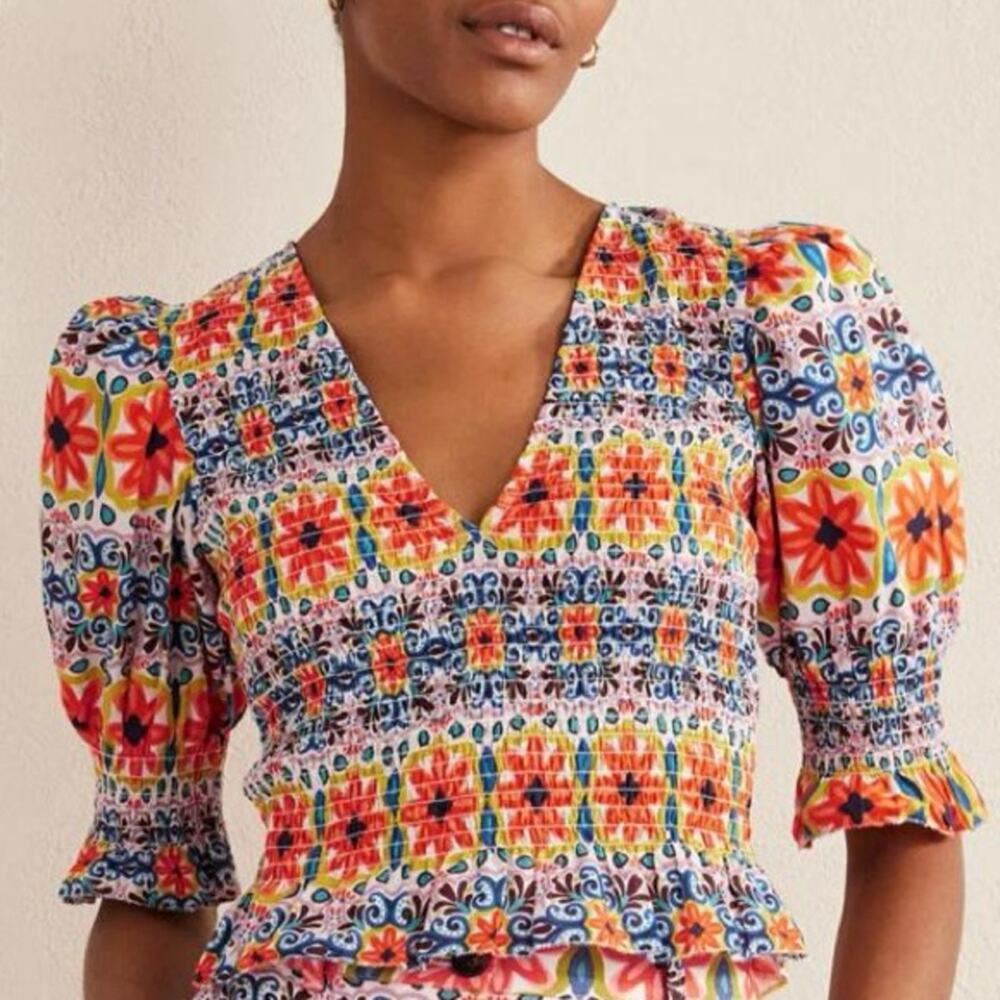 Boden Floral Smocked Cotton Blouse Puff Sleeve Cropped Print Top Sz 10
